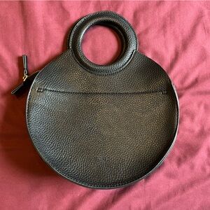 Black Round Leather Handbag with Top Handle